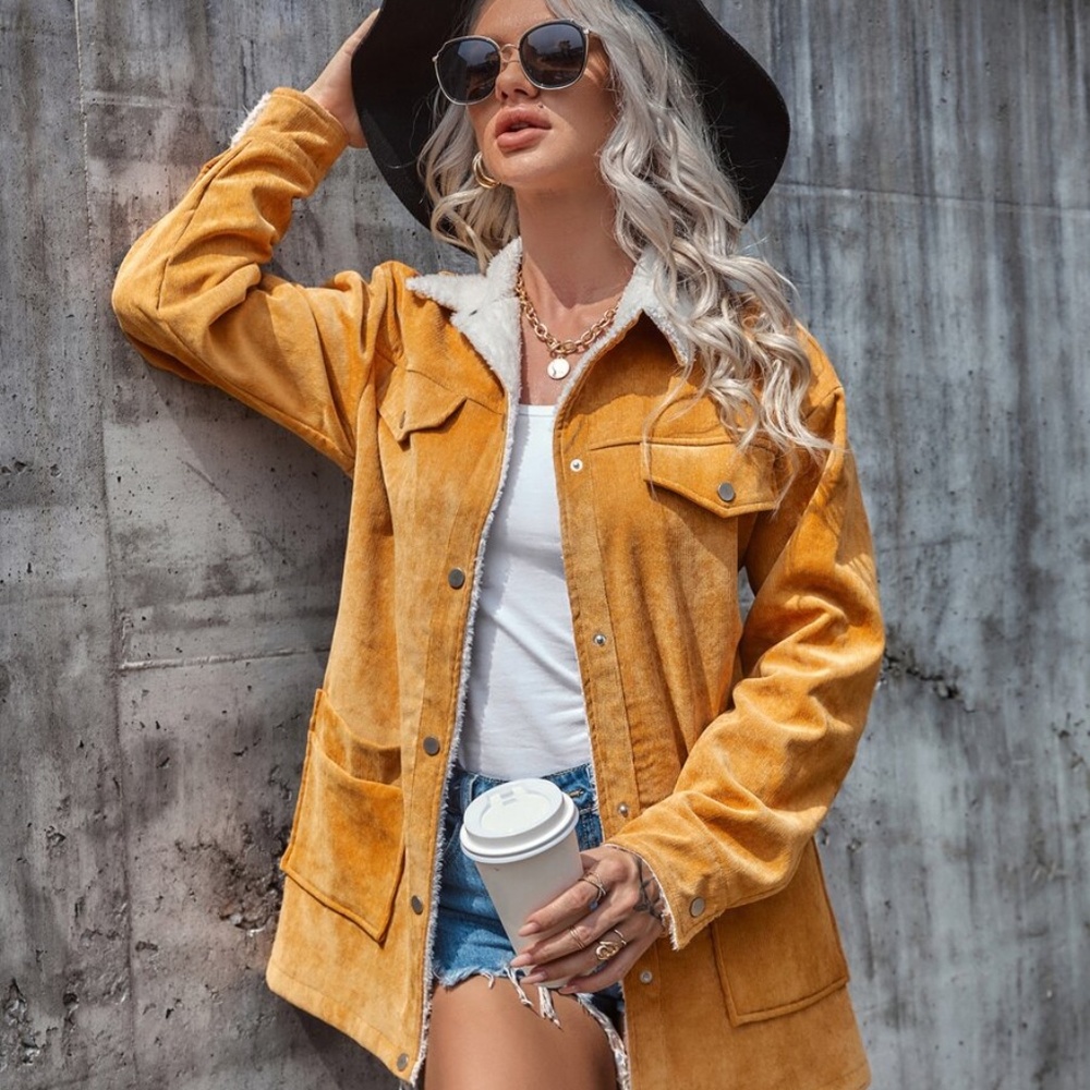 Snap Button Corduroy Shearling Lined Jacket Coat - image 4